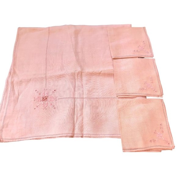 Vintage Peach Bridge Game Luncheon Tablecloth set w 3 napkins Embroidered Linen - Picture 2 of 10